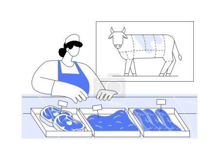 Téléchargez les illustrations : Fabrication de bœuf concept abstrait illustration vectorielle. Assortiment de viande de bœuf crue sur étagère, industrie alimentaire, ingrédients pour barbecue, secteur de la boucherie, métaphore abstraite du steak de porcherie. - en licence libre de droit