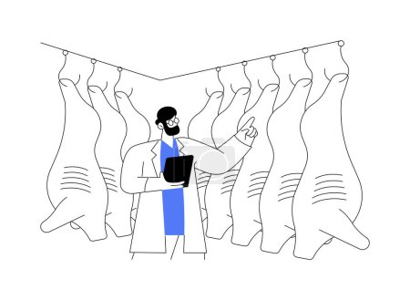 Ilustración de Carne almacenamiento en frío concepto abstracto vector ilustración. Trabajador en uniforme control de la carne en el lugar de almacenamiento, industria de transformación de alimentos, proceso de refrigeración, sector de la carnicería metáfora abstracta. - Imagen libre de derechos