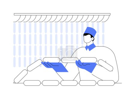 Illustration for Sausage production abstract concept vector illustration. Group of industrial workers making pork sausages at factory, food processing, meat products, grocery sector abstract metaphor. - Royalty Free Image