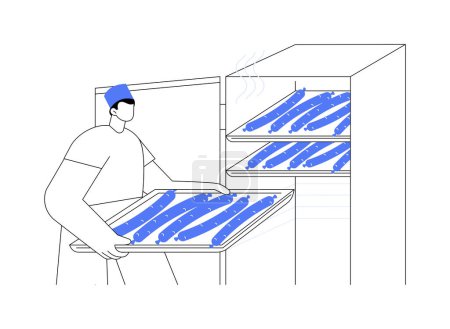 Illustration for Meat dehydrator abstract concept vector illustration. Worker in uniform putting plates of jerky meat in dehydrator, food processing industry, pork products, prepared beef abstract metaphor. - Royalty Free Image