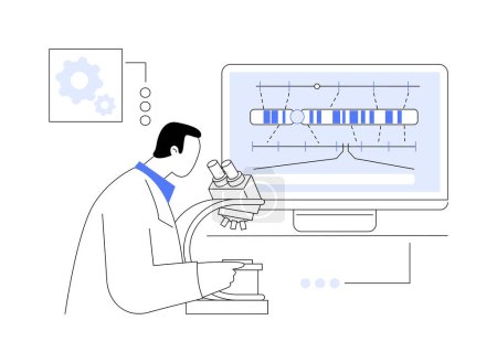 Illustration for Gene mapping abstract concept vector illustration. Scientist in laboratory does genome sequencing under microscope, genes on chromosomes examination, hereditary disorders abstract metaphor. - Royalty Free Image