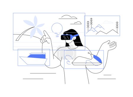 Illustration for Virtual travelling abstract concept vector illustration. Smiling woman in VR glasses, travelling simulation, virtual and augmented reality, modern technology, leisure industry abstract metaphor. - Royalty Free Image