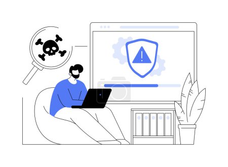 Illustration for Antivirus software abstract concept vector illustration. Man with laptop using antivirus program, IT technology, no computing viruses, DLP industry, firewall protection abstract metaphor. - Royalty Free Image