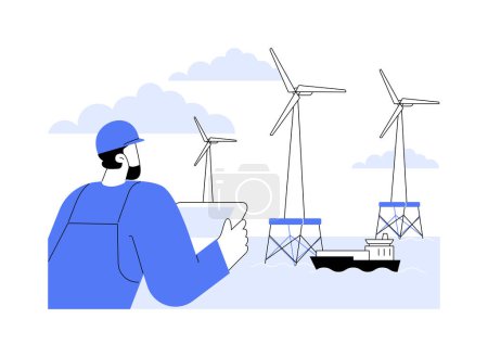 Illustration for Offshore wind energy abstract concept vector illustration. Engineer looking at offshore wind turbine, ecology environment industry, sustainable technology, renewable energy abstract metaphor. - Royalty Free Image