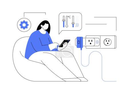 Illustration for Smart plugs abstract concept vector illustration. Woman controls plugs in house using smartphone app, sustainable energy sources, smart home technology, monitoring process abstract metaphor. - Royalty Free Image