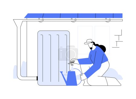 Téléchargez les illustrations : Réservoir d'eau de pluie concept abstrait illustration vectorielle. Femme utilisant le baril pour la collecte de l'eau de pluie, technologie de la maison intelligente, soins écologiques, gestion durable de l'eau métaphore abstraite. - en licence libre de droit