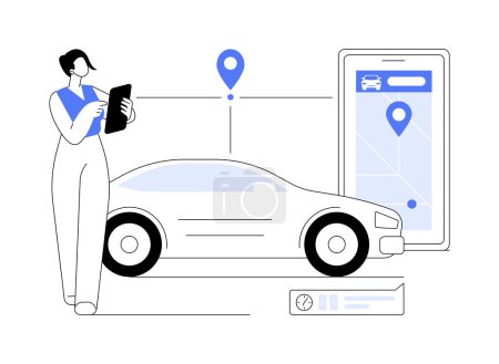 Illustration for Ride-sharing apps abstract concept vector illustration. Smartphone with ride-sharing app, estimating time of arrival, pup-up sign with minutes, IT technology, data transfer abstract metaphor. - Royalty Free Image