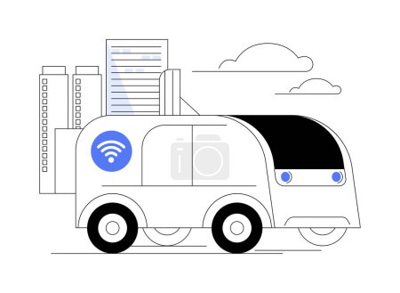 Téléchargez les illustrations : Illustration vectorielle abstraite de concept de véhicules autonomes 5G. Bus autonome 5G dans la rue, technologie moderne, industrie de la connectivité, Internet des objets, intelligence artificielle métaphore abstraite. - en licence libre de droit