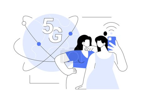 Illustration for 5G streaming abstract concept vector illustration. Attractive girl with smartphone streaming with high-speed internet connection, modern 5G technology, broadcasting process abstract metaphor. - Royalty Free Image