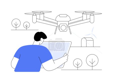 Illustration for Aerial imagery drones abstract concept vector illustration. Aerial shooting on field, data collection, modern agriculture technology, robotics industry in farming, drone mapping abstract metaphor. - Royalty Free Image