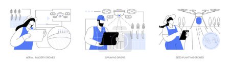 Illustration for Agricultural drones isolated cartoon vector illustrations set. Aerial imagery drones, spraying and seed-planting automation in smart farming industry, precision agriculture vector cartoon. - Royalty Free Image