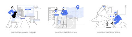 Illustration for Building planning abstract concept vector illustration set. Construction financial planning, choosing place for building, construction site soil testing, cost estimation abstract metaphor. - Royalty Free Image