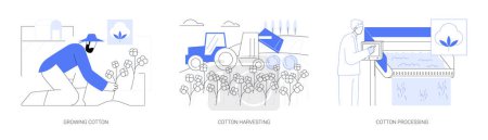 Illustration for Cotton farm abstract concept vector illustration set. Growing cotton plants on field, agricultural machinery harvesting, cotton processing and wool manufacturing at factory abstract metaphor. - Royalty Free Image