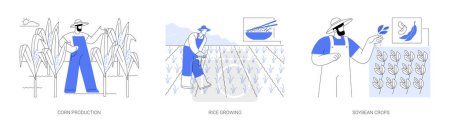 Illustration for Refining agricultural products abstract concept vector illustration set. Corn production, rice growing, soybean crops cultivation, agriculture harvest production, farm food industry abstract metaphor. - Royalty Free Image