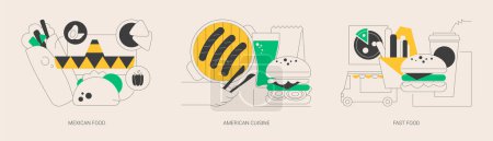Téléchargez les illustrations : American food abstract concept vectoriel illustration set. Cuisine mexicaine et américaine, fast food, recette de burrito, plat de barbecue, barbecue fait maison, hamburger et pizza, métaphore abstraite du menu snack. - en licence libre de droit