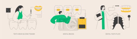 Illustration for Orthodontic care abstract concept vector illustration set. Teeth wear silicone trainer, dental braces, tooth plate, crowded tooth treatment, teeth aligner and retainer, brackets abstract metaphor. - Royalty Free Image
