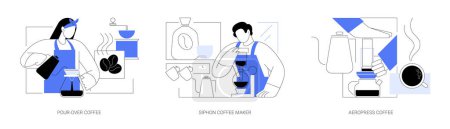 Illustration for Specialty coffee isolated cartoon vector illustrations set. Professional barista making pour-over, siphon maker device, third wave, aeropress coffee, alternative brewing method vector cartoon. - Royalty Free Image