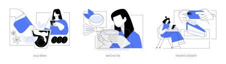 Illustration for In a coffee shop isolated cartoon vector illustrations set. Barista making cold brew coffee, young girl drinking matcha tea in the cafe, taking pictures of dessert with smartphone vector cartoon. - Royalty Free Image