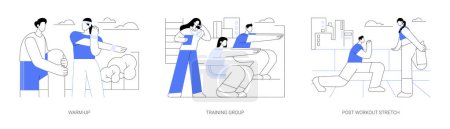 Illustration for Training process isolated cartoon vector illustrations set. Warm-up before training, group workout with a fitness instructor, post workout stretch, athletic people active lifestyle vector cartoon. - Royalty Free Image