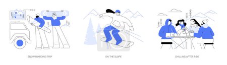 Illustration for Winter sports isolated cartoon vector illustrations set. Group of diverse friends prepare vacation, snowboarding trip, riding down the slope, outdoor winter activitiy, adventure park vector cartoon. - Royalty Free Image