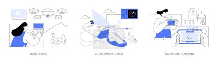 Illustration for Filmmaking as a hobby isolated cartoon vector illustrations set. Aerial videography, control drone, shooting video, using action camera, filming with smartphone, creative activity vector cartoon. - Royalty Free Image
