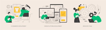 Remote developers team abstract concept vector illustration set. E-commerce development, cross-platform, dedicated team, web application, software environment, operating system abstract metaphor.