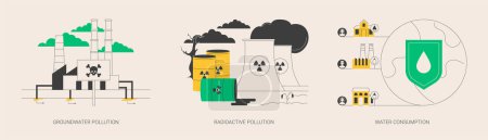 Illustration for Environmental problem abstract concept vector illustration set. Groundwater pollution, radioactive hazardous waste, water consumption, toxic trash, chemical pollutant in soil abstract metaphor. - Royalty Free Image