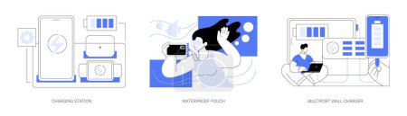 Illustration for Electronics accessories and supplies isolated cartoon vector illustrations set. Wireless charging station, waterproof pouch, multiport wall charger, modern mobile technology vector cartoon. - Royalty Free Image