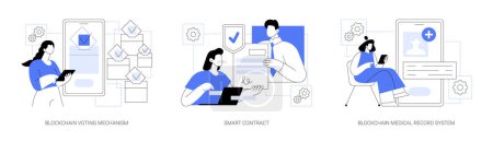 Illustration for Blockchain technology applications isolated cartoon vector illustrations set. E-voting voting mechanism, signing smart contract online, blockchain medical record system, IT industry vector cartoon. - Royalty Free Image