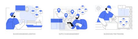 Illustration for Blockchain technology in logistics isolated cartoon vector illustrations set. Person with tablet controlling transportation process, supply chain management, blockchain item tracking vector cartoon. - Royalty Free Image