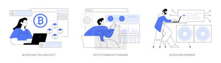 Illustration for Blockchain jobs isolated cartoon vector illustrations set. Tech architect works at computer, crypto community manager, blockchain engineer profession, computing specialist vector cartoon. - Royalty Free Image