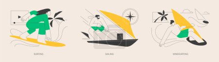 Illustration for Summer adventure sport abstract concept vector illustration set. Surfing, sailing and windsurfing, yacht club, beach holiday, extreme lifestyle, water sport, summer vacation abstract metaphor. - Royalty Free Image