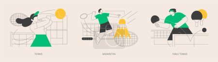 Illustration for Racket sport abstract concept vector illustration set. Tennis and badminton, table tennis, professional player, club training, ping pong game, professional player, sportswear abstract metaphor. - Royalty Free Image