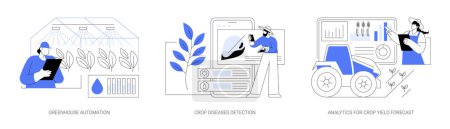 Téléchargez les illustrations : Smart technologies for modern farming isolated cartoon vector illustrations set. Greenhouse automation, crop diseases detection, analytics for crop yield forecast, data analysis vector cartoon. - en licence libre de droit