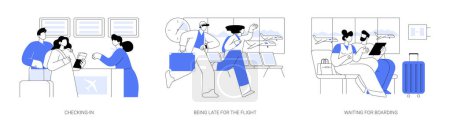 Illustration for Traveling by plane isolated cartoon vector illustrations set. Smiling couple does luggage check-in, being late, missing a flight, waiting for boarding to a plane, departures hall vector cartoon. - Royalty Free Image