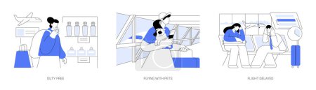 Illustration for Airport routine isolated cartoon vector illustrations set. Buying perfume in duty free shop, retail outlet, flying with pets, going on vacation, flight delayed, waiting for departure vector cartoon. - Royalty Free Image