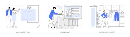 Begehbarer Kleiderschrank Layout abstraktes Konzept Vektor Illustrationsset. Garderobenplan, begehbarer Kleiderschrank 3D-Modell, maßgeschneidertes Design-Projekt, Interieur-Software, Möbelunternehmer Service abstrakte Metapher.