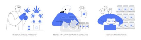 Illustration for Medical cannabis manufacturing abstract concept vector illustration set. Medical marijuana production, cannabis packaging and labelling, herbal drug storage, legalized cannabis abstract metaphor. - Royalty Free Image