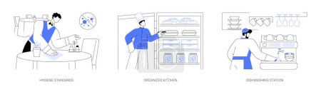 Illustration for Restaurant kitchen workers abstract concept vector illustration set. Hygiene standards, disinfect the surface, organized kitchen, dishwashing station, food safety, horeca business abstract metaphor. - Royalty Free Image