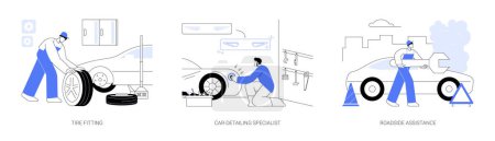 Illustration for Vehicle maintenance abstract concept vector illustration set. Tire fitting, changing car wheel, car-detailing specialist, roadside assistance, professional auto repair services abstract metaphor. - Royalty Free Image