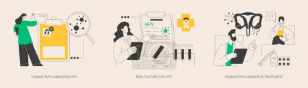 Illustration for HPV infection abstract concept vector illustration set. Human papillomavirus, risk factor for HPV and medication treatment, cervical cancer early diagnostics, immune system response abstract metaphor. - Royalty Free Image