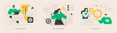 Illustration for Productivity software abstract concept vector illustration set. Time management, self management, productivity at work, project schedule, employee performance, effective planning abstract metaphor. - Royalty Free Image