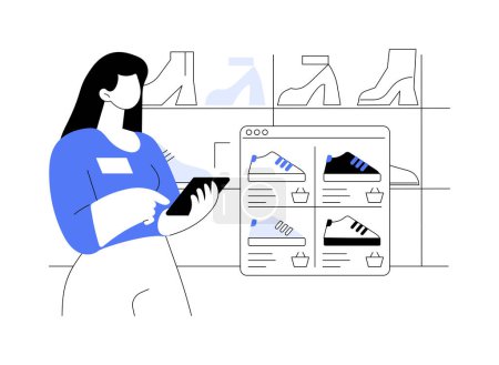 Commercial customer data, abstract concept vector illustration. Woman looks at store website on her smartphone, marketing strategy, combine and process data, IT technology abstract metaphor.