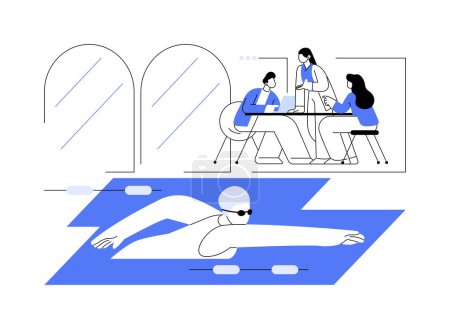 Illustration for Office swimming pool isolated cartoon vector illustrations. Group of diverse people swimming in smart office pool together, modern workplace, colleagues fun, active lifestyle vector cartoon. - Royalty Free Image