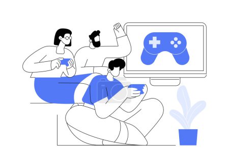 Illustration for Video gaming lounge isolated cartoon vector illustrations. Happy colleagues play video games in an office lounge zone, entertainment time together, modern workplace, work break vector cartoon. - Royalty Free Image