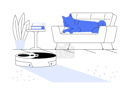 Illustration for Robot vacuum cleaner abstract concept vector illustration. Dog sits on the couch at home and watches how the robot vacuum cleaner works, modern technology, housework equipment abstract metaphor. - Royalty Free Image