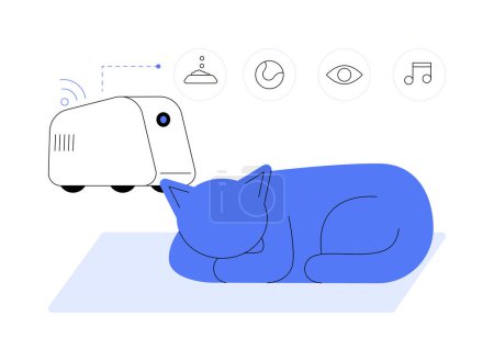 Illustration for Robotic pet sitter abstract concept vector illustration. Cute cat lying near robotics pet sitter with camera at home, domestic animals domestic, modern observation technology abstract metaphor. - Royalty Free Image