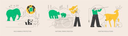 Illustration for Wildlife preservation abstract concept vector illustration set. Wild animals protection, national parks creation, hunting regulations, hiking trail, shooting limit, ecosystem abstract metaphor. - Royalty Free Image
