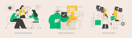 Illustration for Legal service and investigation abstract concept vector illustration set. Divorce lawyer, private investigation, property division, family lawyer, detective agency, separation abstract metaphor. - Royalty Free Image