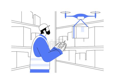 Ilustración de Drone abstracto concepto vector ilustración. Vehículo aéreo guiado automatizado que transporta mercancías en almacén inteligente, tecnologías de inventario, dron automatizado en la metáfora abstracta de stock. - Imagen libre de derechos